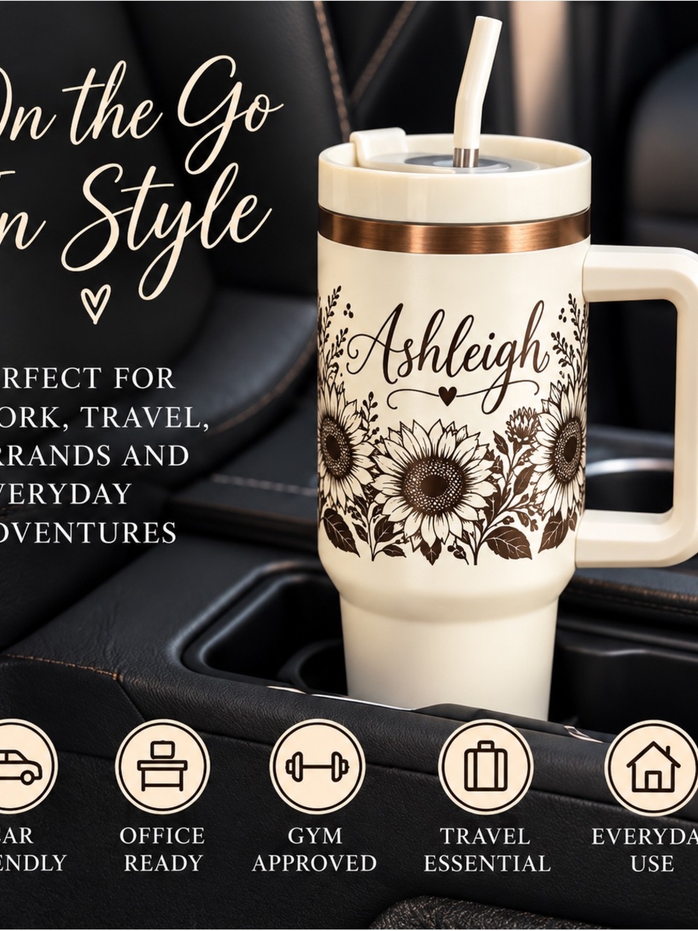 Personalized Cream Sunflower Travel Tumbler with Handle - Picture 3 of 6